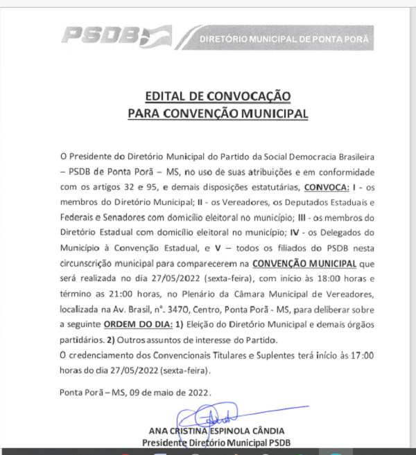 PSDB realiza Convenção Municipal dia 27 em Ponta Porã