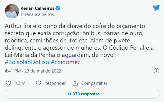 'Pivete delinquente' e 'mente criminosa': Renan e Lira discutem em rede social 'Pivete delinquente' e 'mente criminosa': Renan e Lira discutem em rede social