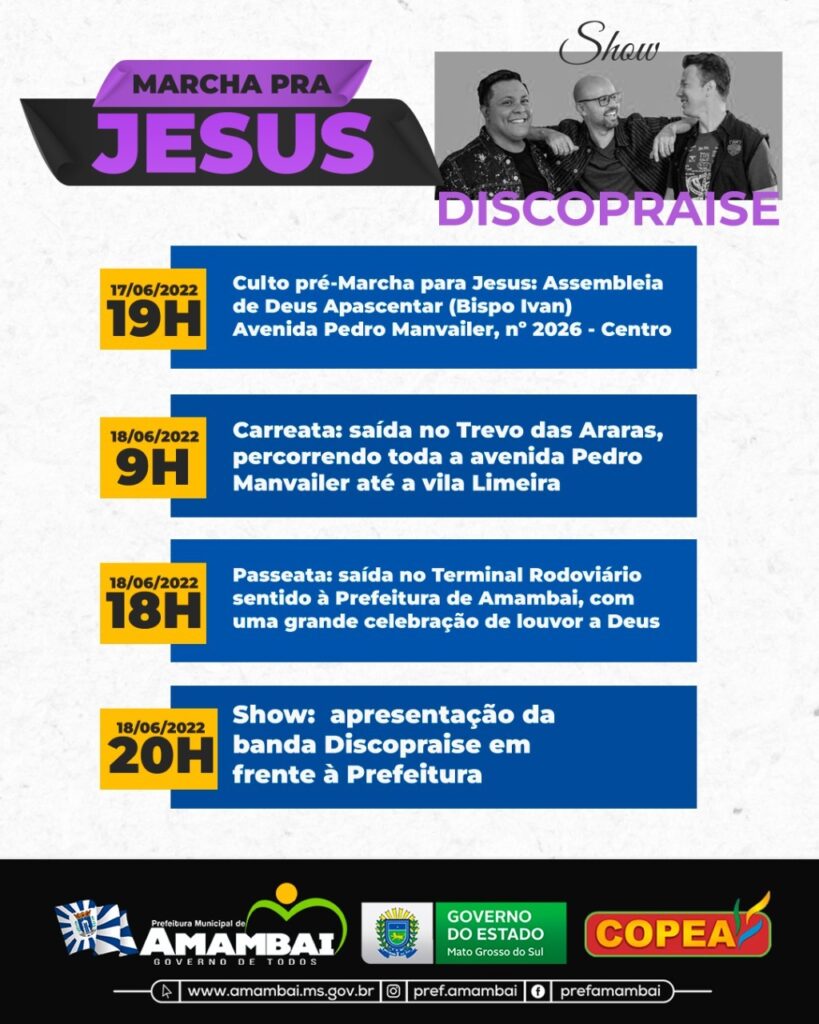 Em Amambai, está tudo pronto para a Marcha pra Jesus no próximo sábado (18) Em Amambai, está tudo pronto para a Marcha pra Jesus no próximo sábado (18)