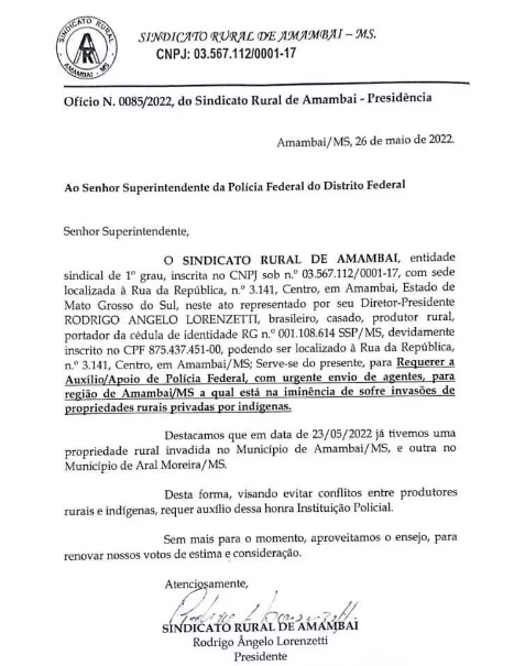 Sindicato alertou PF sobre tensão com índios, mas mandou ofício para Brasília