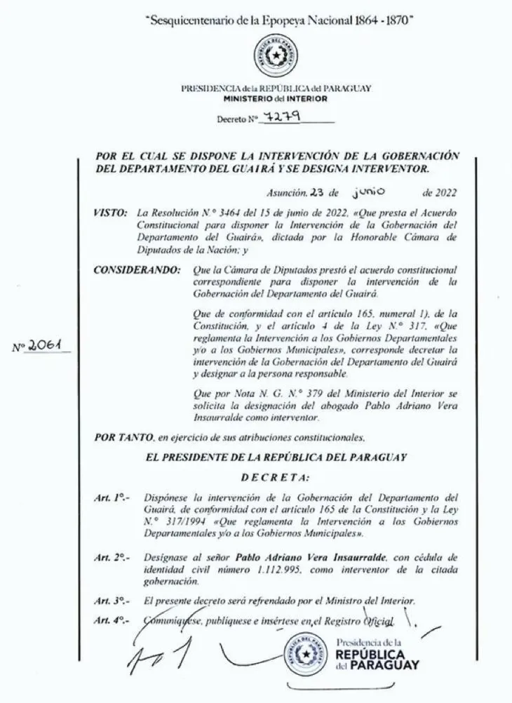 Ejecutivo designa a Pablo Vera como interventor de la Gobernación del Guairá Ejecutivo designa a Pablo Vera como interventor de la Gobernación del Guairá