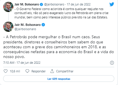 'Petrobras pode mergulhar Brasil no caos', diz Bolsonaro sobre nova alta da gasolina 'Petrobras pode mergulhar Brasil no caos', diz Bolsonaro sobre nova alta da gasolina