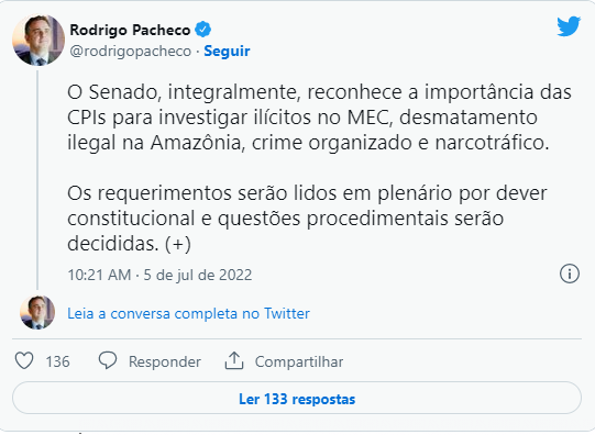 Pacheco decide abrir CPI do MEC, mas comissão só será instalada depois das eleições Pacheco decide abrir CPI do MEC, mas comissão só será instalada depois das eleições