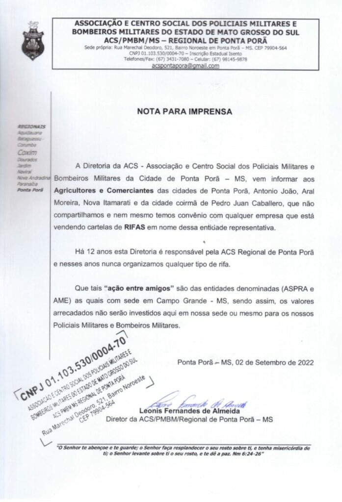 Diretoria da Associação e Centro Social dos Policiais Militares e Bombeiros Militares da Cidade de Ponta Porã informa que não está vendendo Rifa Diretoria da Associação e Centro Social dos Policiais Militares e Bombeiros Militares da Cidade de Ponta Porã informa que não está vendendo Rifa