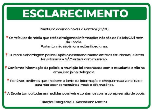 Nota de esclarecimento sobre ameaça com arma de fogo em escola de cidade do MS Nota de esclarecimento sobre ameaça com arma de fogo em escola de cidade do MS