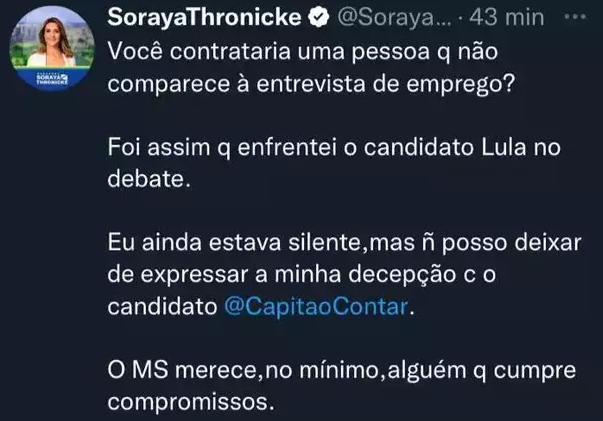 “Decepção”, define Soraya com fuga de Contar a debate “Decepção”, define Soraya com fuga de Contar a debate