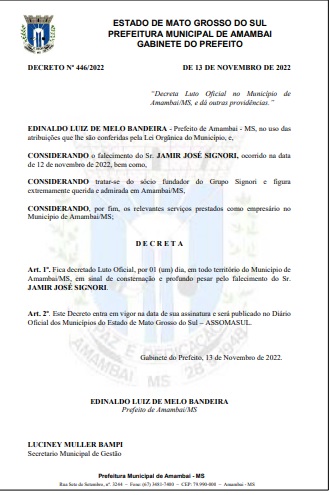 Em Amambai, Prefeitura decreta Luto Oficial pelo falecimento do empresário Jamir José Signori Em Amambai, Prefeitura decreta Luto Oficial pelo falecimento do empresário Jamir José Signori