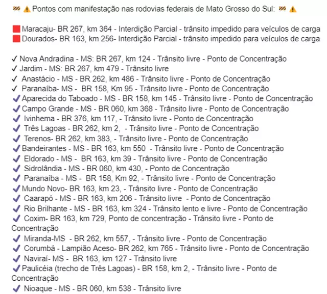 MS tem dois pontos de interdição e protestos acabam nas BRs de Campo Grande