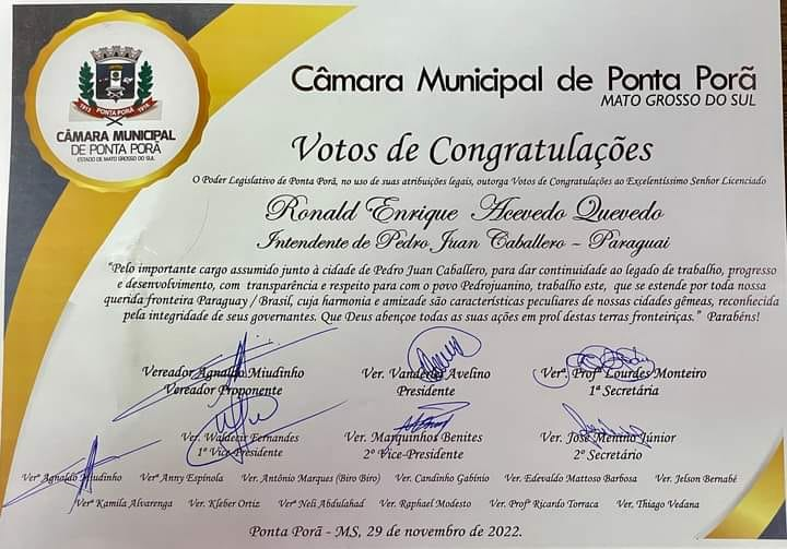 Ronald Acevedo distinguido por el Poder Legislativo de Ponta Porã Ronald Acevedo distinguido por el Poder Legislativo de Ponta Porã