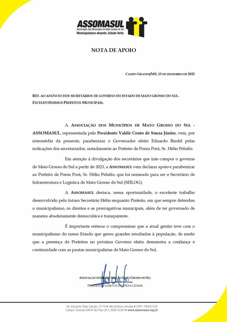 ASSOMASUL emite nota de apoio a Hélio Peluffo para a SEILOG ASSOMASUL emite nota de apoio a Hélio Peluffo para a SEILOG
