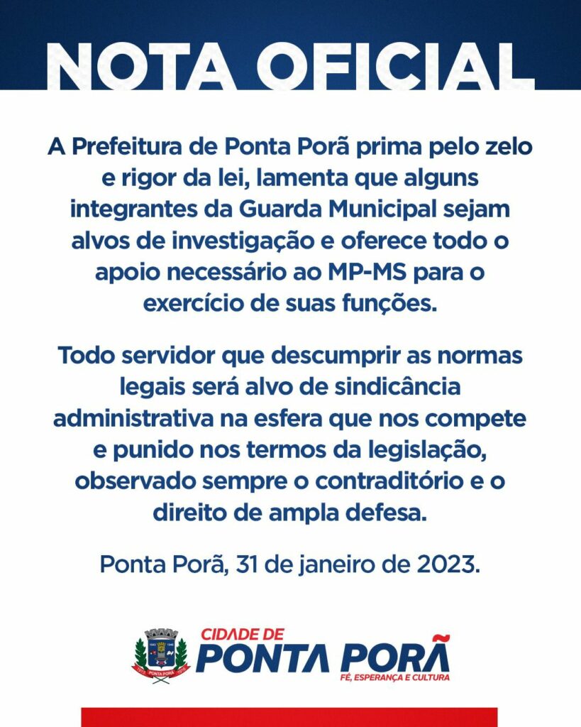 Prefeitura de Ponta Porã emite nota acerca de prisão de Guardas Municipais