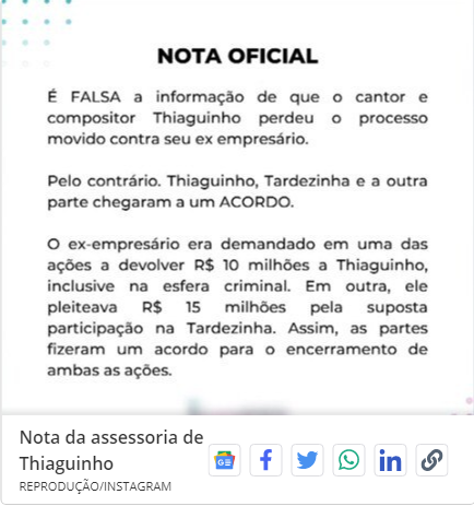 Thiaguinho faz acordo milionário com ex-empresário após perder processo que movia por estelionato Thiaguinho faz acordo milionário com ex-empresário após perder processo que movia por estelionato