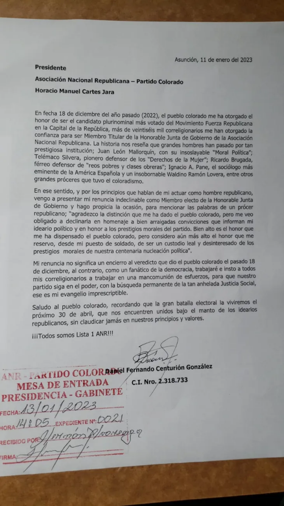 Daniel Centurión renuncia como miembro titular de la ANR Daniel Centurión renuncia como miembro titular de la ANR