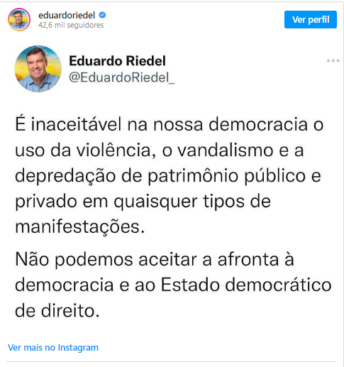 Eduardo Riedel condena atos de manifestantes em Brasília: "Afronta à democracia"