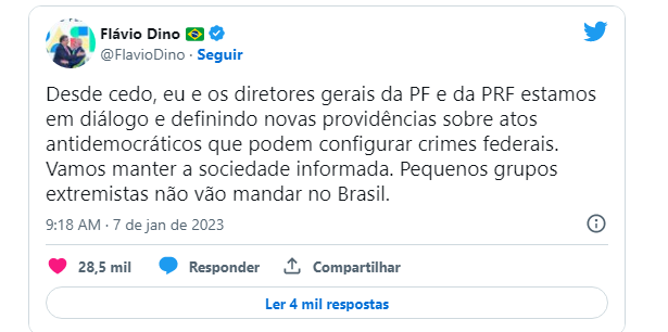 'Pequenos grupos extremistas não vão mandar no Brasil', diz ministro da Justiça 'Pequenos grupos extremistas não vão mandar no Brasil', diz ministro da Justiça