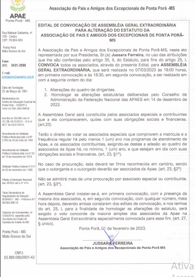 Apae de Ponta Porã convoca Assembléia Geral Extraordinária para alteração de Estatuto Apae de Ponta Porã convoca Assembléia Geral Extraordinária para alteração de Estatuto
