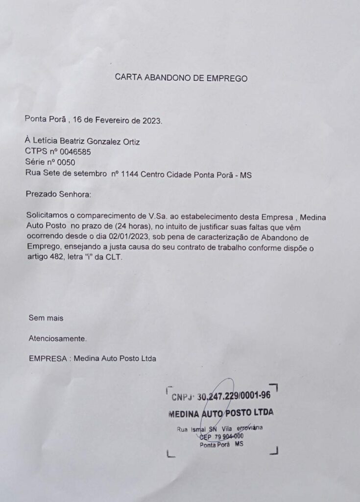 Ponta Porã: Medina Auto Posto comunica abandono de emprego