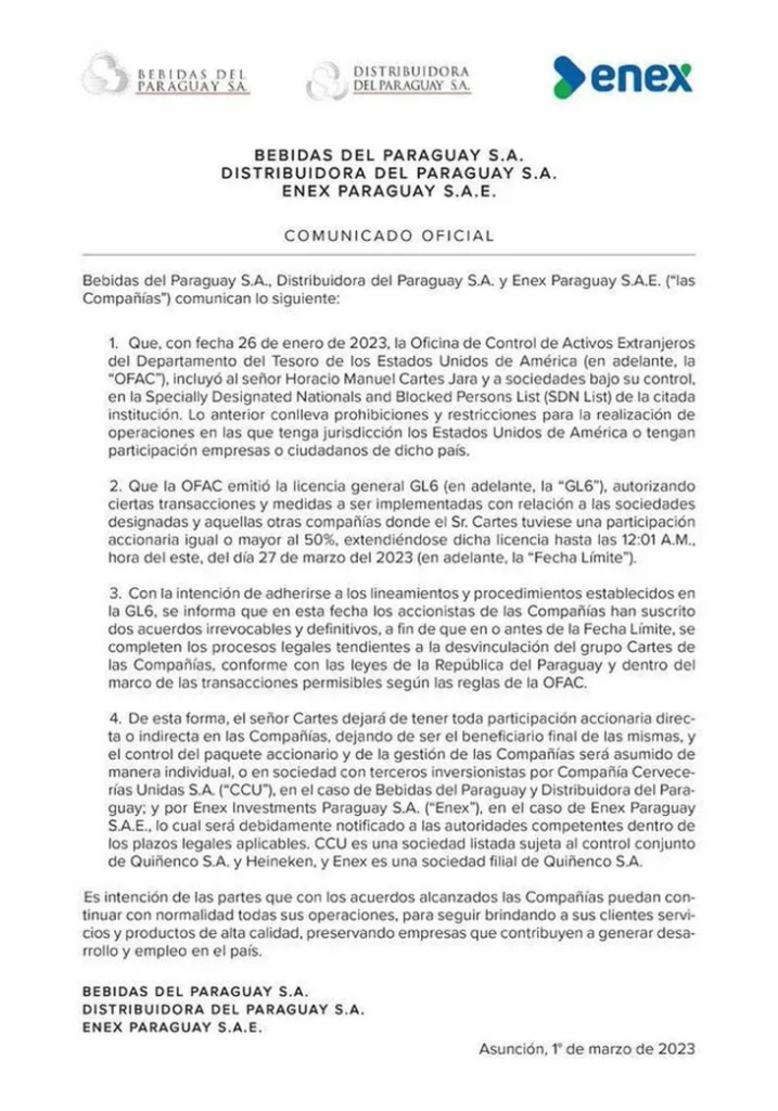 Cartes deja toda participación accionaria en otras tres empresas Cartes deja toda participación accionaria en otras tres empresas