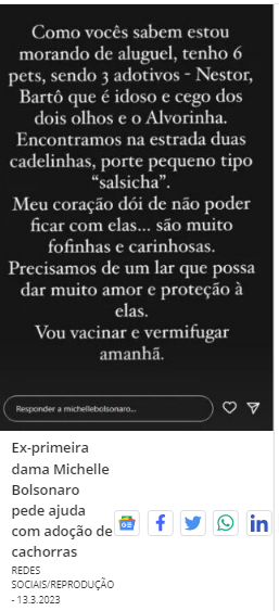 Sem espaço em imóvel, Michelle Bolsonaro pede ajuda com adoção de duas cachorras Sem espaço em imóvel, Michelle Bolsonaro pede ajuda com adoção de duas cachorras