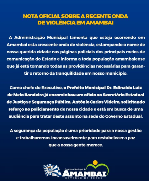 Prefeito Bandeira solicita reforço policial ao secretário estadual de Segurança Pública