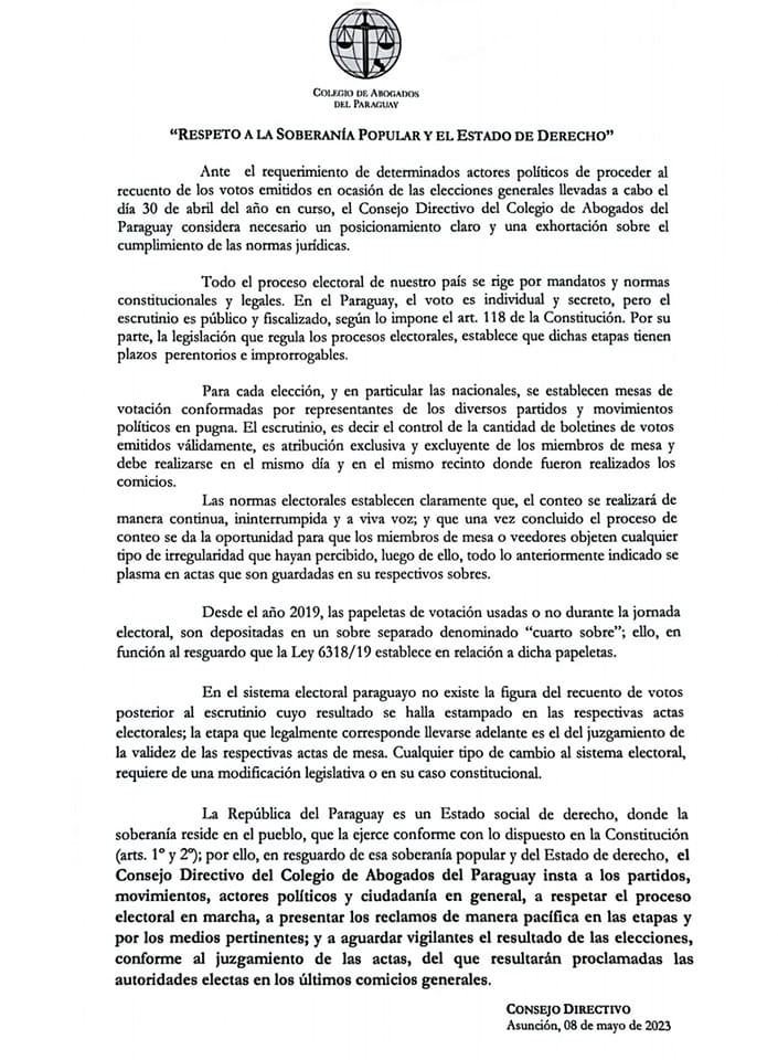 Colegio de Abogados pide respetar el proceso electoral Colegio de Abogados pide respetar el proceso electoral
