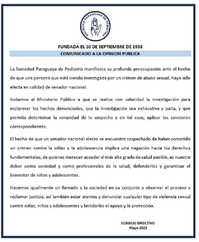 Sociedad Paraguaya de Pediatría muestra preocupación tras elección de Mbururu como senador Sociedad Paraguaya de Pediatría muestra preocupación tras elección de Mbururu como senador