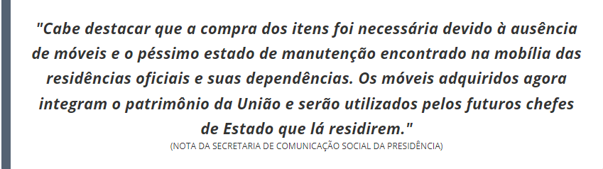 Presidência gastou R$ 310 mil em redes de futebol, persianas, taças, sofás e cama sem licitação