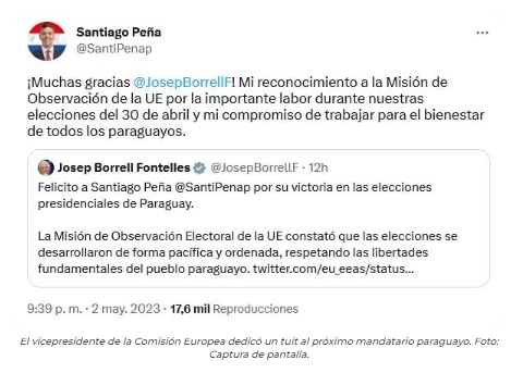 Alto representante de la Unión Europea felicita a Santiago Peña como presidente electo Alto representante de la Unión Europea felicita a Santiago Peña como presidente electo
