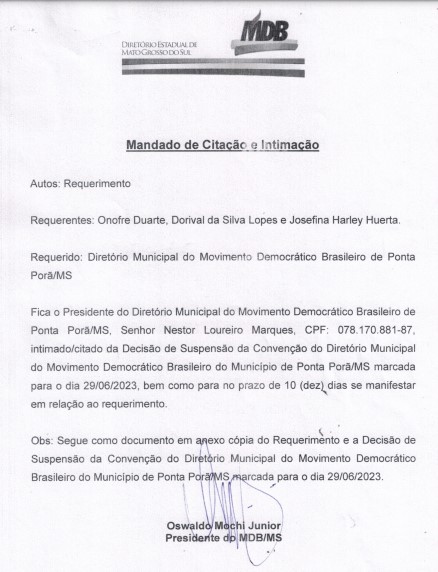 Convenção do MDB de Ponta Porã não acontecerá, devido a decisão da instância estadual Convenção do MDB de Ponta Porã não acontecerá, devido a decisão da instância estadual