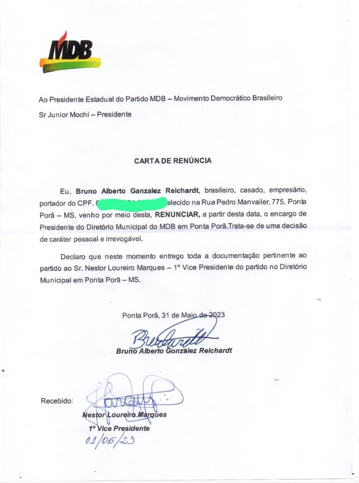 Ex-vereador Brunoí renuncia ao cargo de Presidente do MDB em Ponta Porã Ex-vereador Brunoí renuncia ao cargo de Presidente do MDB em Ponta Porã