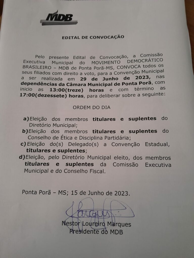 MDB de Ponta Porã convoca filiados para convenção no dia 29 de junho MDB de Ponta Porã convoca filiados para convenção no dia 29 de junho