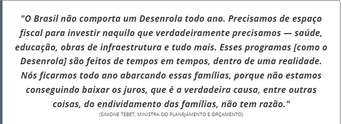 Tebet critica Banco Central e afirma que Brasil não 'comporta um Desenrola todo ano'