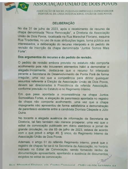 Ponta Porã: Associação União de Dois Povos indefere recurso da chapa "Nova Renovação" Ponta Porã: Associação União de Dois Povos indefere recurso da chapa "Nova Renovação"