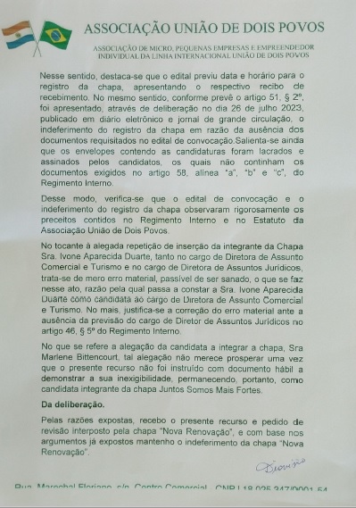 Ponta Porã: Associação União de Dois Povos indefere recurso da chapa "Nova Renovação" Ponta Porã: Associação União de Dois Povos indefere recurso da chapa "Nova Renovação"