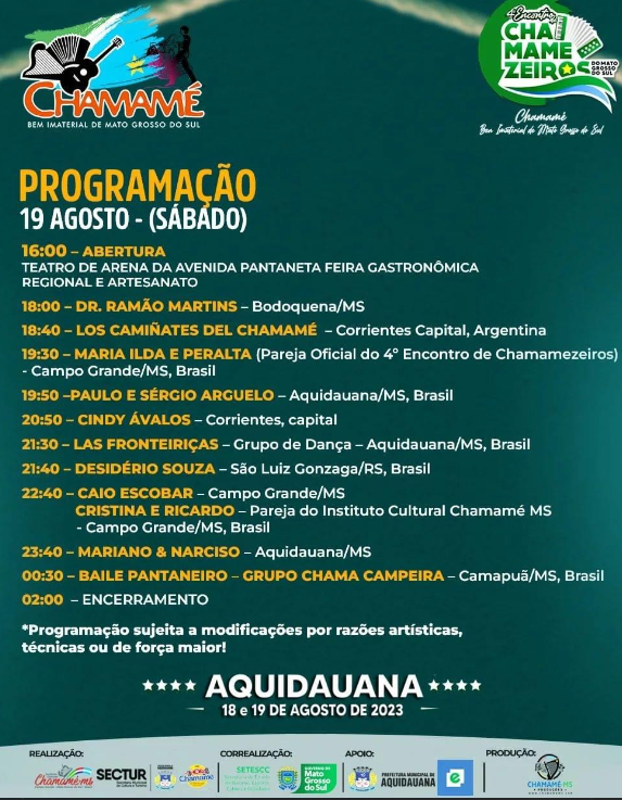 Confira a programação do 4º Encontro de Chamamezeiros em Aquidauana Confira a programação do 4º Encontro de Chamamezeiros em Aquidauana
