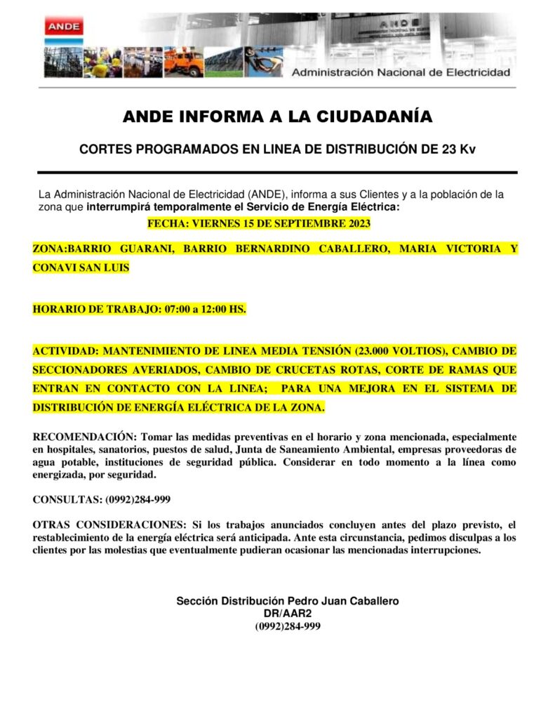 Nuevo corte programado de la ANDE para este viernes Nuevo corte programado de la ANDE para este viernes