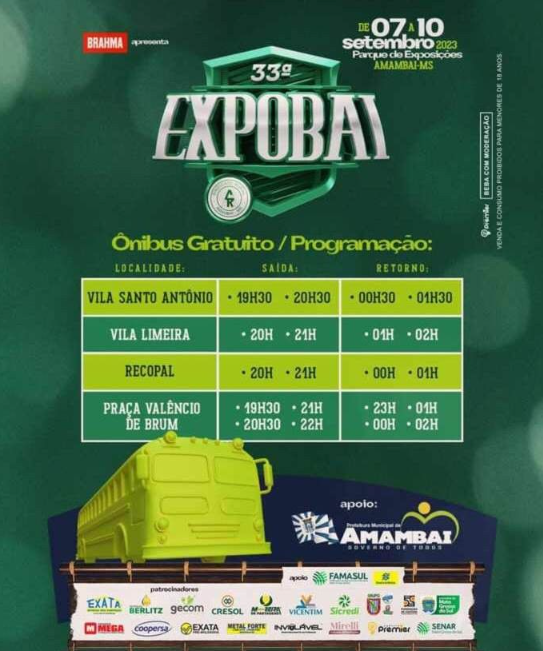 Sindicado Rural divulga horários de ônibus gratuitos e regras para entrada de menores na 33ª Expobai