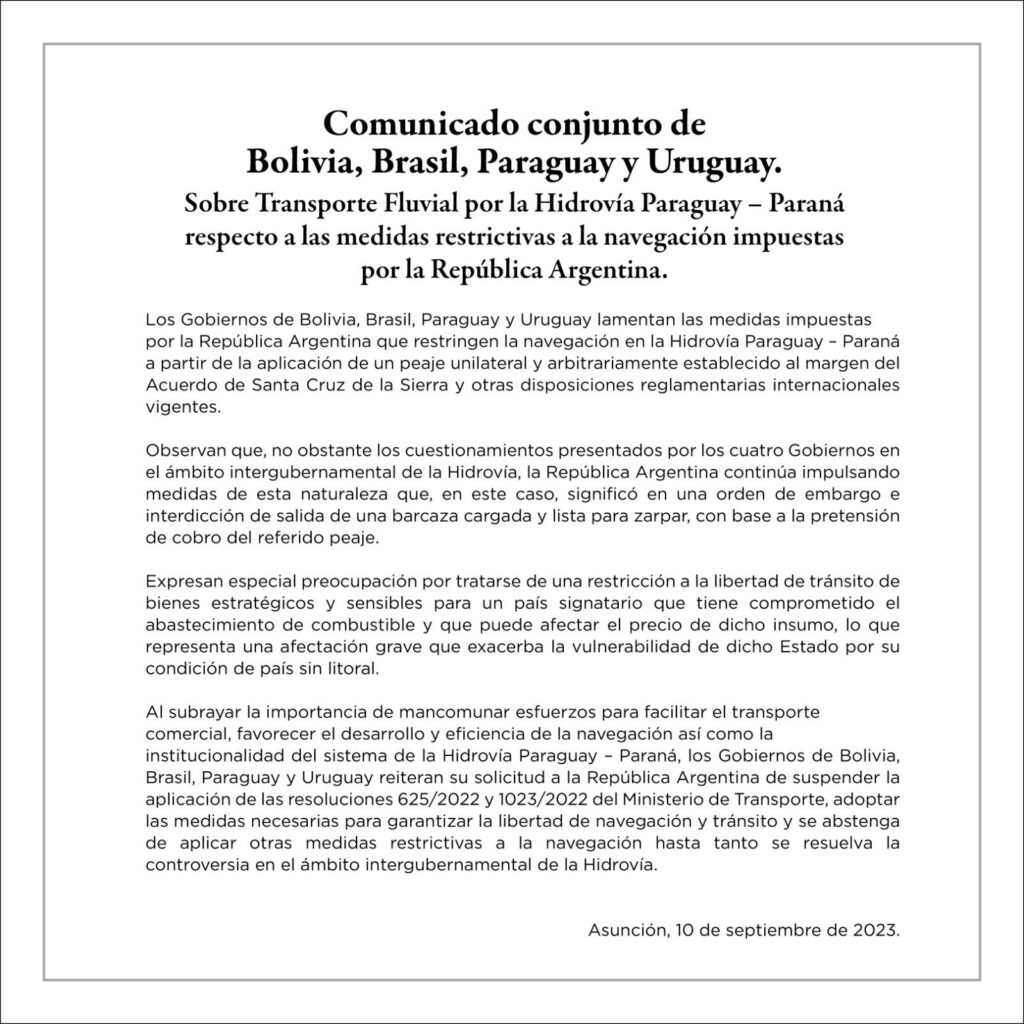 Paraguay, Bolivia, Brasil y Uruguay se unen para exigir libre tránsito en la hidrovía