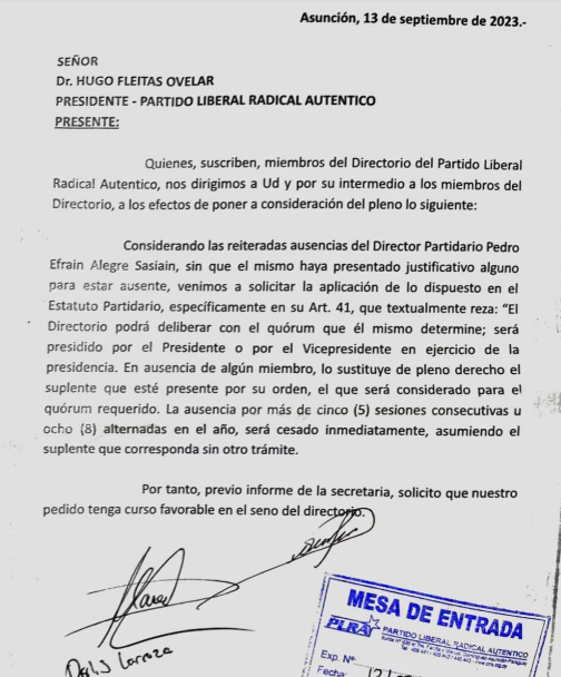 Liberales apartan a Efraín Alegre del Directorio Liberales apartan a Efraín Alegre del Directorio