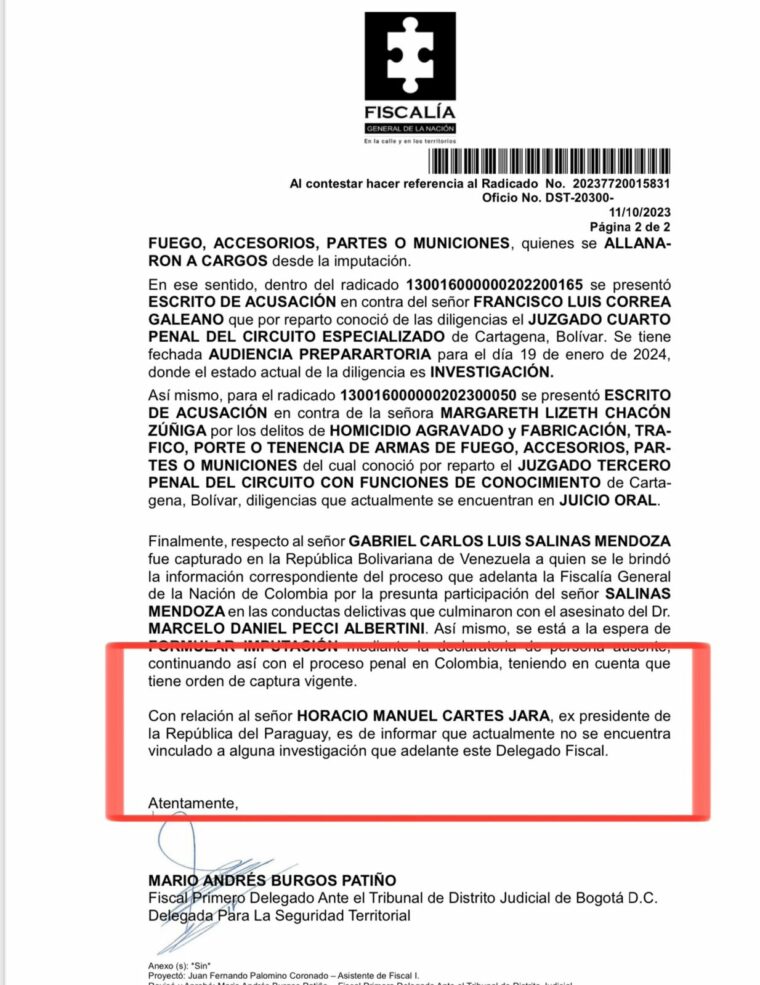 Fiscalía de Colombia aclara que no existe investigación a Cartes Fiscalía de Colombia aclara que no existe investigación a Cartes