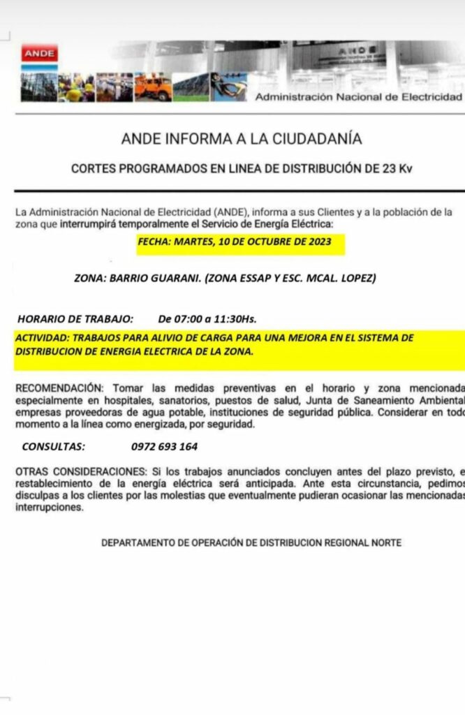 Corte programado de la ANDE entre las 07:00 y 11:30 horas en barrio Guaraní Corte programado de la ANDE entre las 07:00 y 11:30 horas en barrio Guaraní