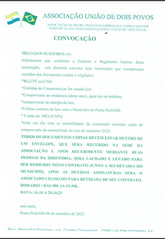 Ponta Porã: Associação União de Dois Povos lança edital de renovação de contrato Ponta Porã: Associação União de Dois Povos lança edital de renovação de contrato