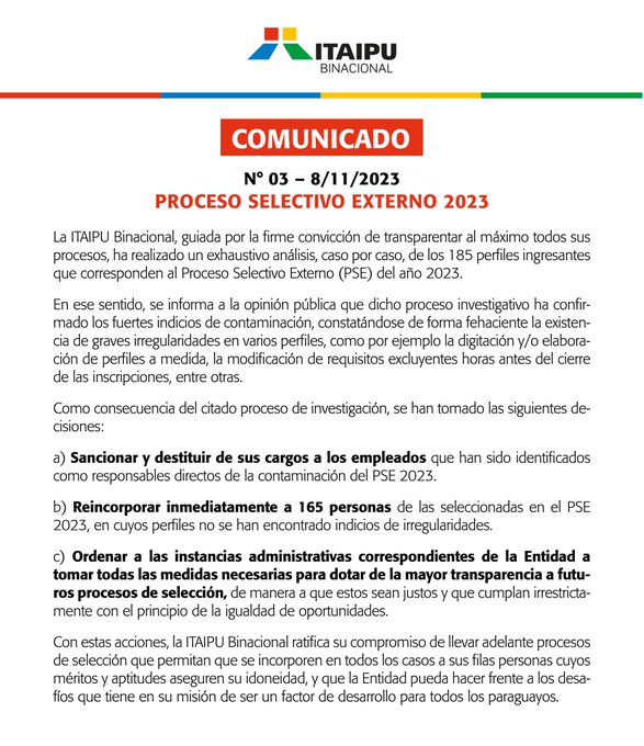 Itaipú anuncia readmisión de 165 funcionarios y sanción a responsables de amaños Itaipú anuncia readmisión de 165 funcionarios y sanción a responsables de amaños