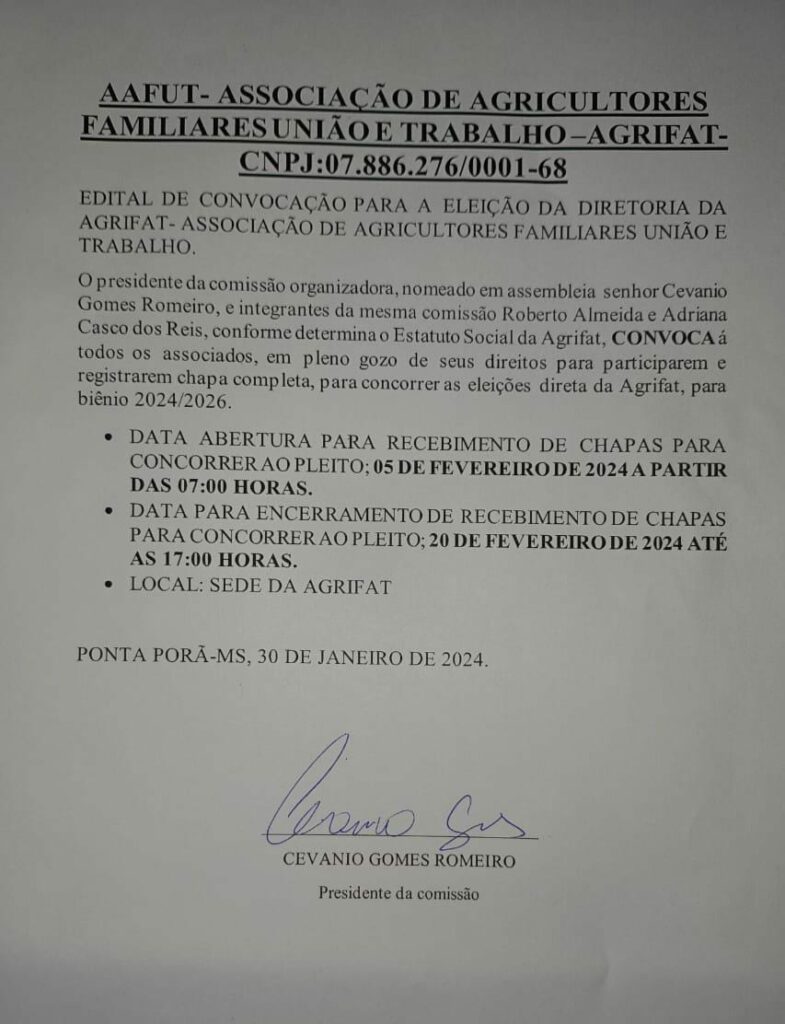 Ponta Porã: AGRIFAT realizará eleição e convoca associados Ponta Porã: AGRIFAT realizará eleição e convoca associados