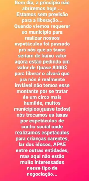 Circo é “barrado” pela prefeitura e moradores se revoltam em Bonito Circo é “barrado” pela prefeitura e moradores se revoltam em Bonito