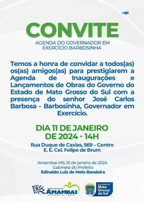 Governo do MS e Prefeitura de Amambai inauguram e lançam obras nesta quinta-feira (11) em Amambai Governo do MS e Prefeitura de Amambai inauguram e lançam obras nesta quinta-feira (11) em Amambai