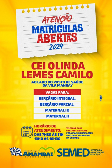 Amambai: CEI Olinda Lemes está com vagas disponíveis Amambai: CEI Olinda Lemes está com vagas disponíveis