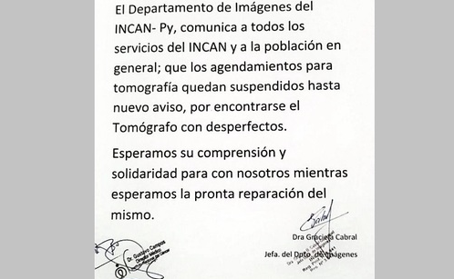 Paraguay: Pacientes oncológicos quedan sin tomografía "hasta nuevo aviso"