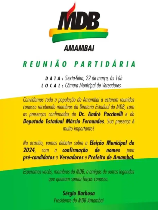 MDB anuncia nesta sexta pré-candidatura de Sérgio Barbosa a prefeito em Amambai MDB anuncia nesta sexta pré-candidatura de Sérgio Barbosa a prefeito em Amambai