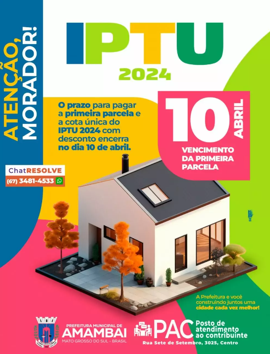 Amambai: Termina nesta quarta-feira prazo para pagar o IPTU com descontos Amambai: Termina nesta quarta-feira prazo para pagar o IPTU com descontos